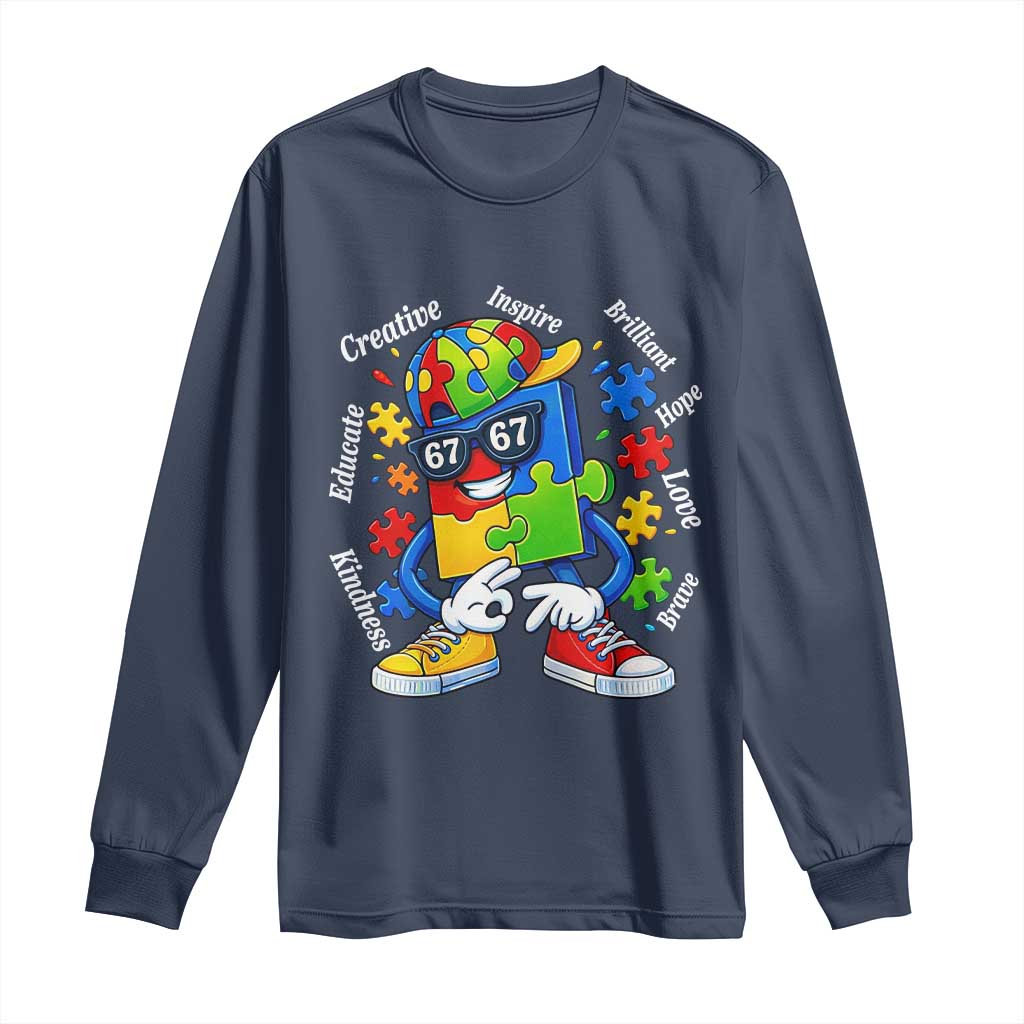 Funny 67 Autism Awareness Long Sleeve Shirt Six Seven Puzzle Meme Creative Brilliant Hope Love Kindness TS11 Navy Print Your Wear