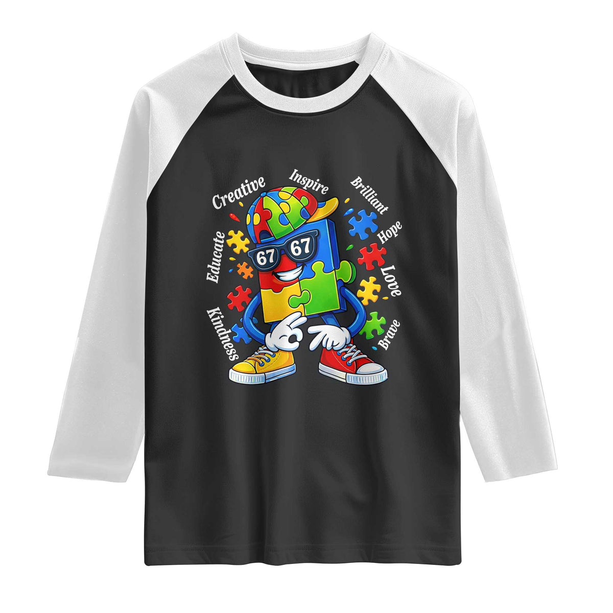 Funny 67 Autism Awareness Raglan Shirt Six Seven Puzzle Meme Creative Brilliant Hope Love Kindness TS11 Black White Print Your Wear