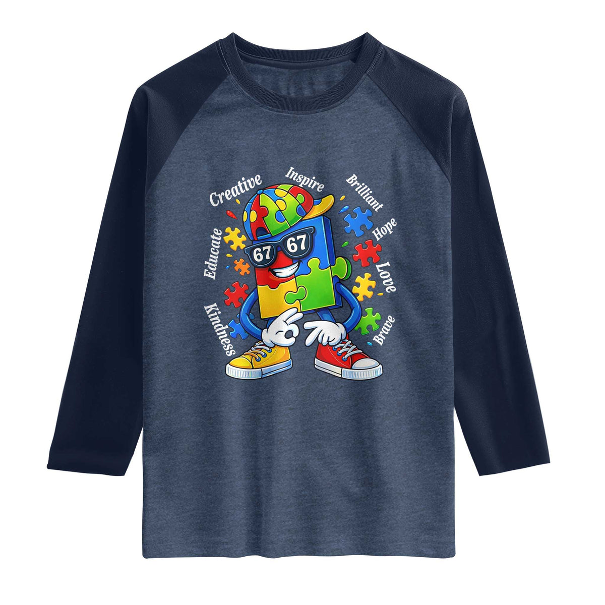 Funny 67 Autism Awareness Raglan Shirt Six Seven Puzzle Meme Creative Brilliant Hope Love Kindness TS11 Heather Denim Navy Print Your Wear