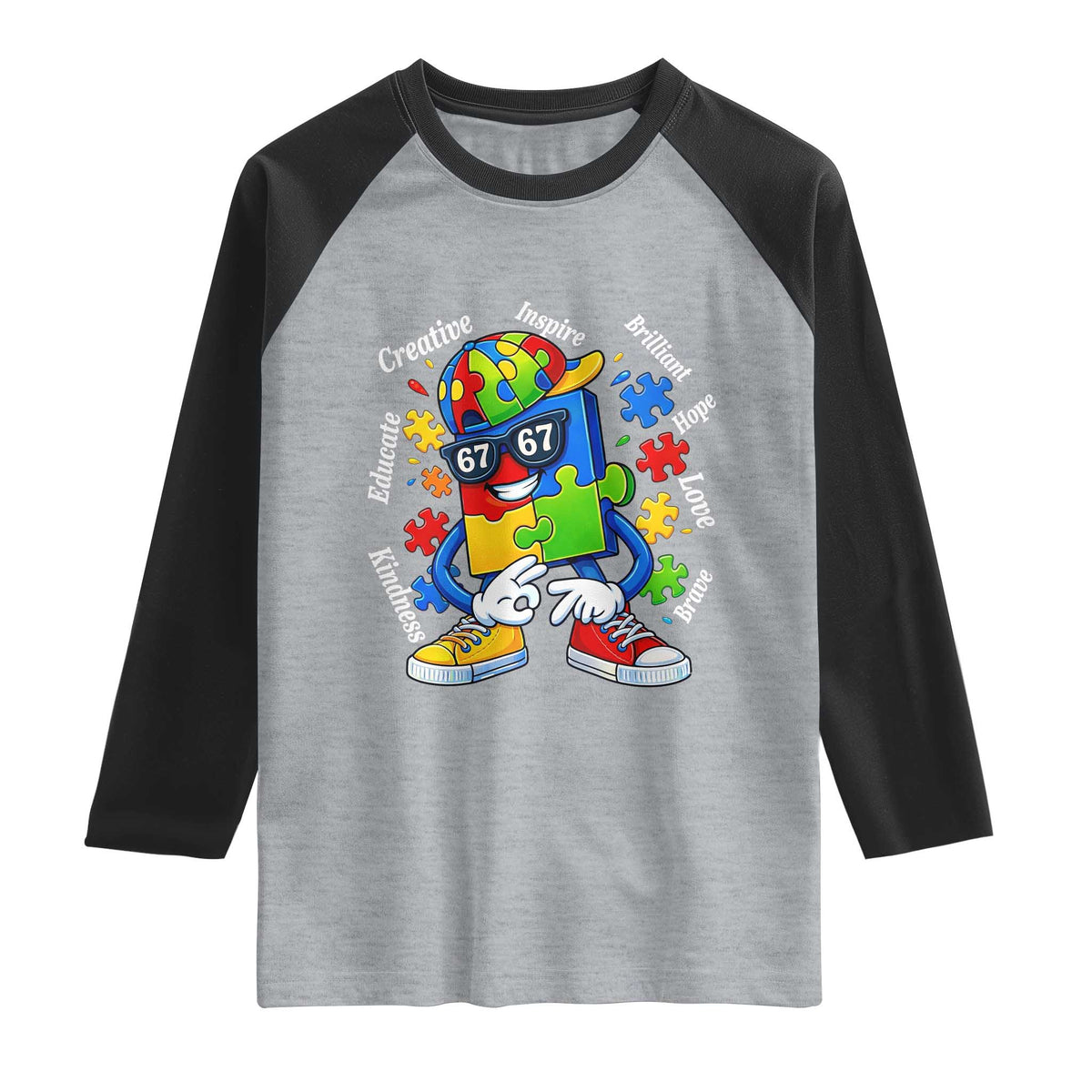Funny 67 Autism Awareness Raglan Shirt Six Seven Puzzle Meme Creative Brilliant Hope Love Kindness TS11 Heather Gray Black Print Your Wear