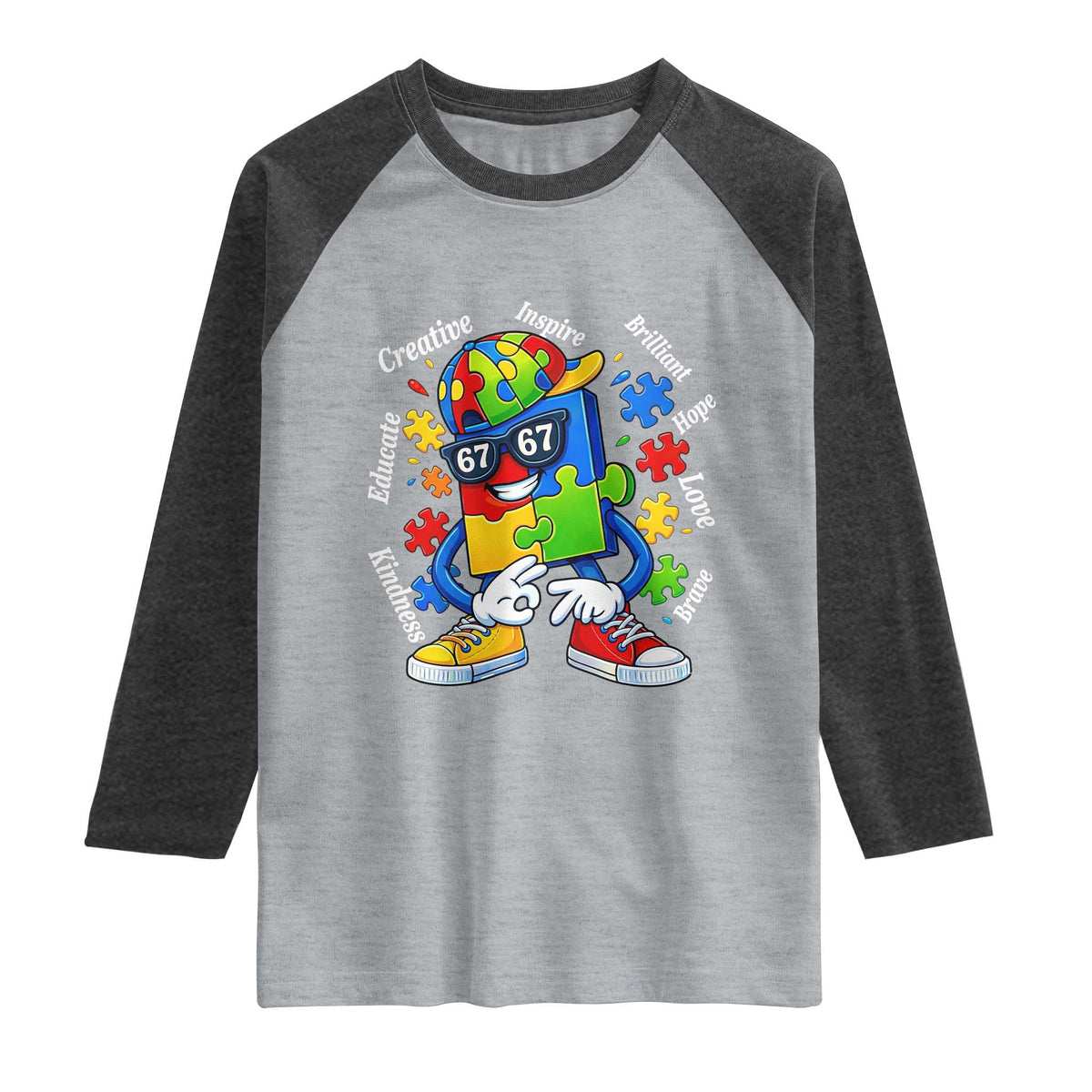 Funny 67 Autism Awareness Raglan Shirt Six Seven Puzzle Meme Creative Brilliant Hope Love Kindness TS11 Heather Gray Heather Charcoal Print Your Wear