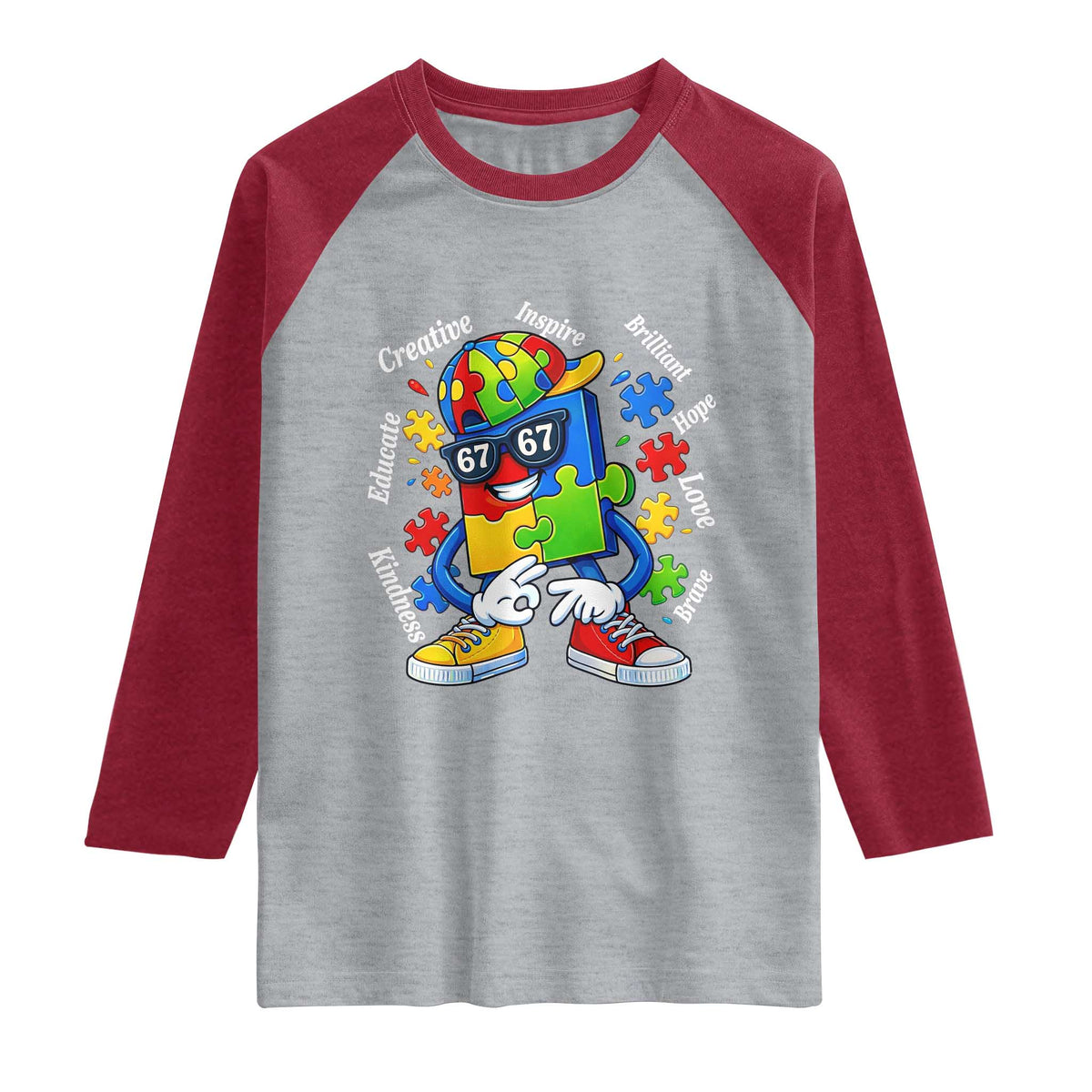 Funny 67 Autism Awareness Raglan Shirt Six Seven Puzzle Meme Creative Brilliant Hope Love Kindness TS11 Heather Gray Heather Red Print Your Wear