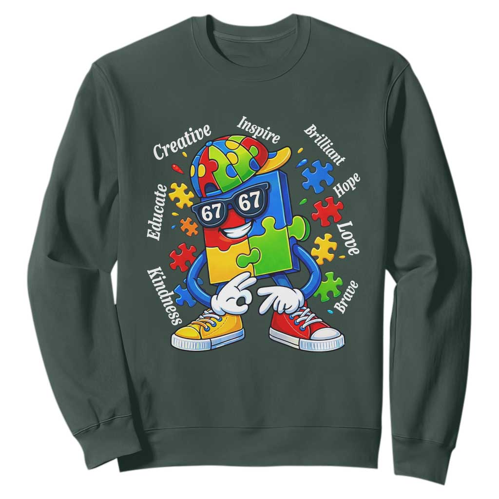 Funny 67 Autism Awareness Sweatshirt Six Seven Puzzle Meme Creative Brilliant Hope Love Kindness TS11 Dark Forest Green Print Your Wear