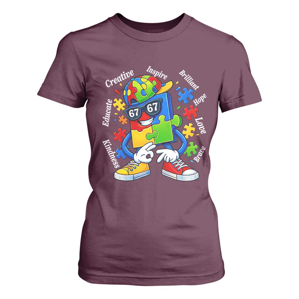 Funny 67 Autism Awareness T Shirt For Women Six Seven Puzzle Meme Creative Brilliant Hope Love Kindness TS11 Maroon Print Your Wear
