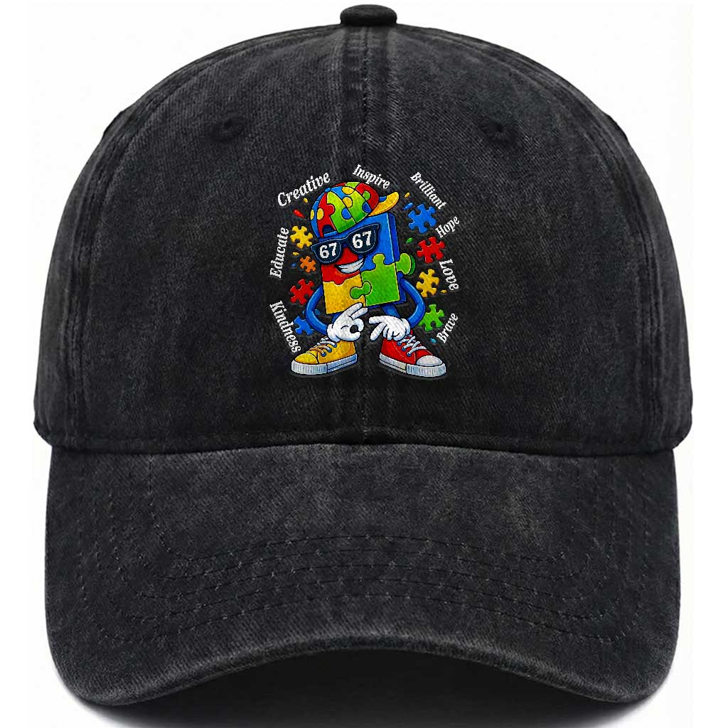 Funny 67 Autism Awareness Washed Cotton Baseball Cap Six Seven Puzzle Meme Creative Brilliant Hope Love Kindness TS11 Washed Cap Universal Fit Black Print Your Wear