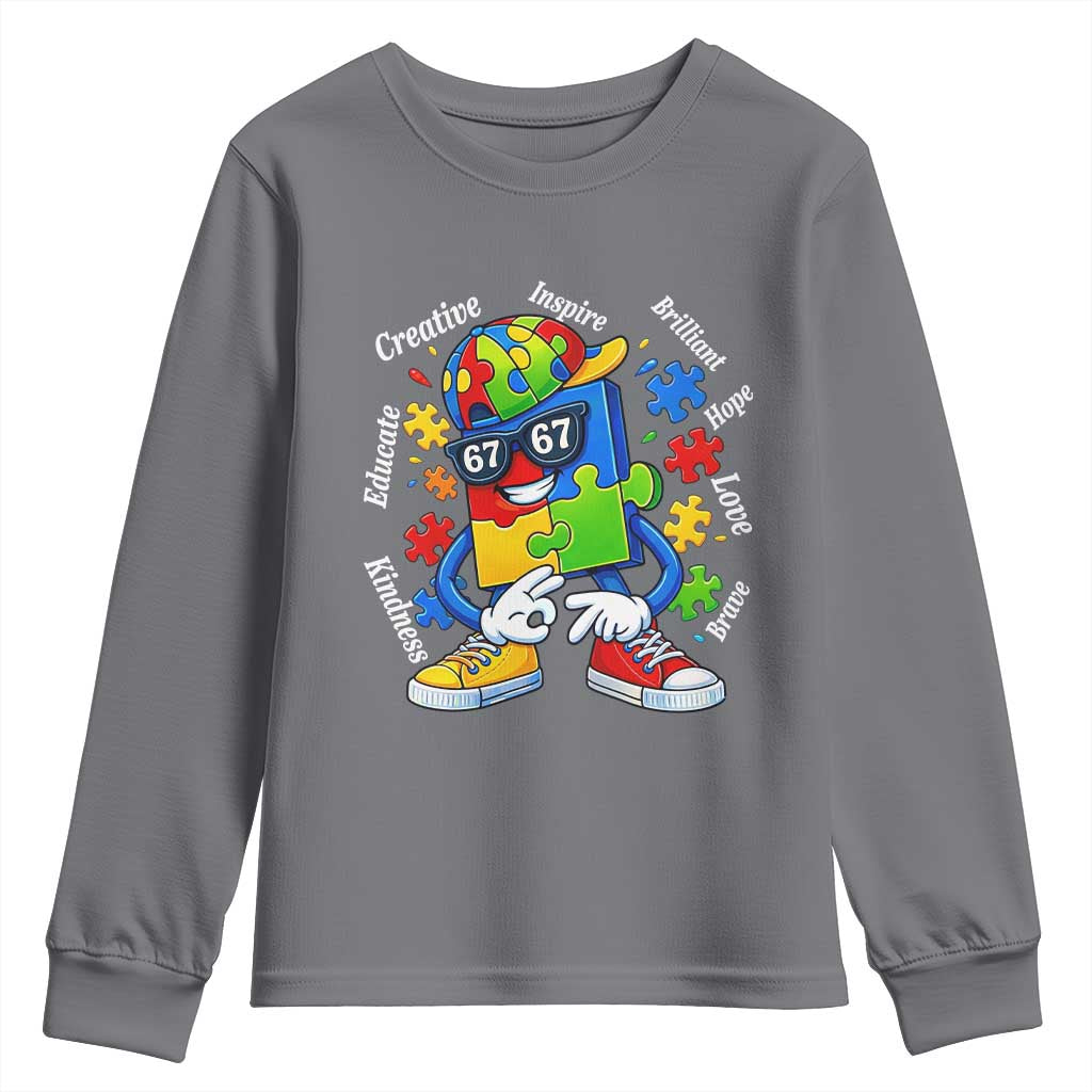 Funny 67 Autism Awareness Youth Sweatshirt Six Seven Puzzle Meme Creative Brilliant Hope Love Kindness TS11 Charcoal Print Your Wear