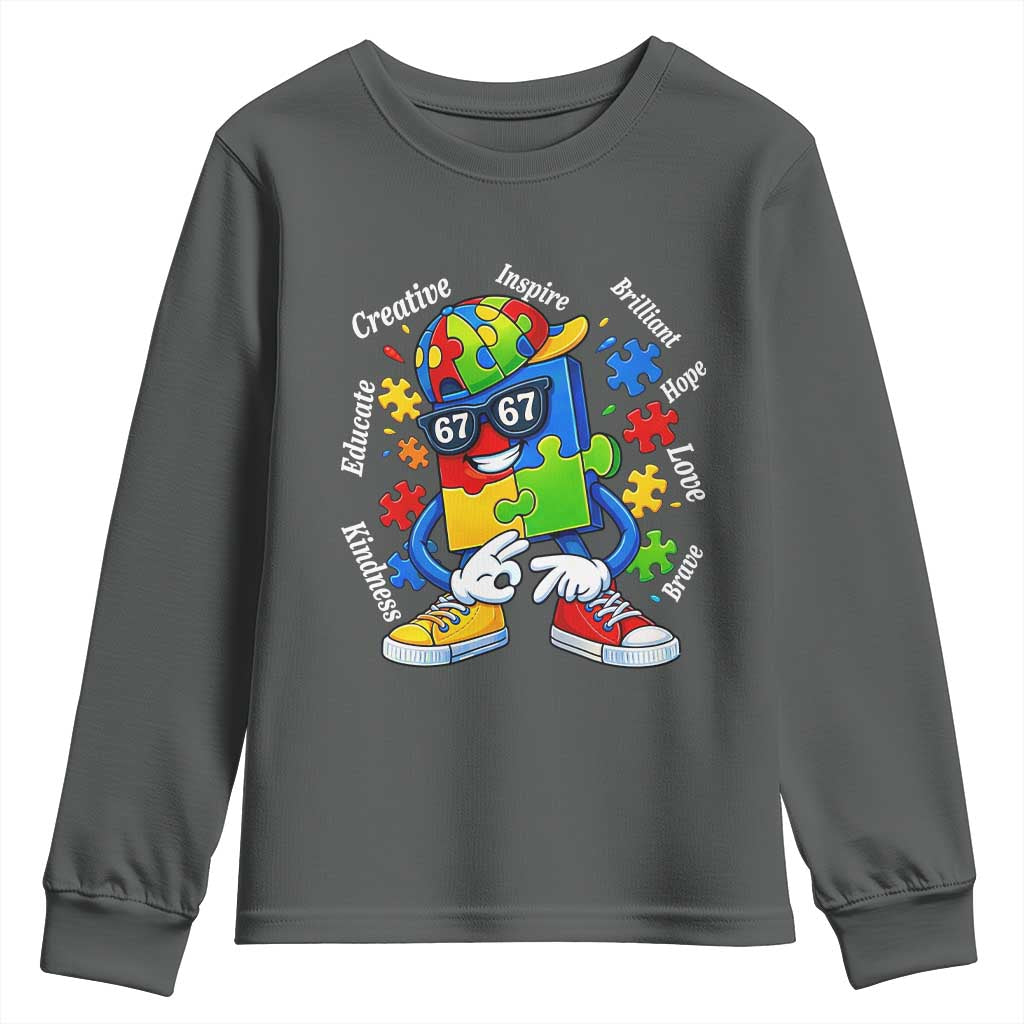 Funny 67 Autism Awareness Youth Sweatshirt Six Seven Puzzle Meme Creative Brilliant Hope Love Kindness TS11 Dark Heather Print Your Wear