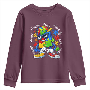 Funny 67 Autism Awareness Youth Sweatshirt Six Seven Puzzle Meme Creative Brilliant Hope Love Kindness TS11 Maroon Print Your Wear
