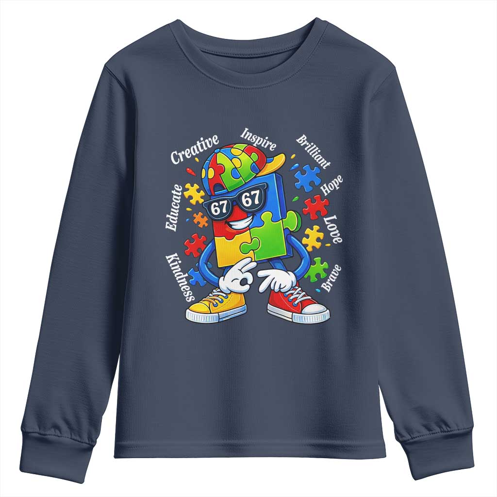 Funny 67 Autism Awareness Youth Sweatshirt Six Seven Puzzle Meme Creative Brilliant Hope Love Kindness TS11 Navy Print Your Wear