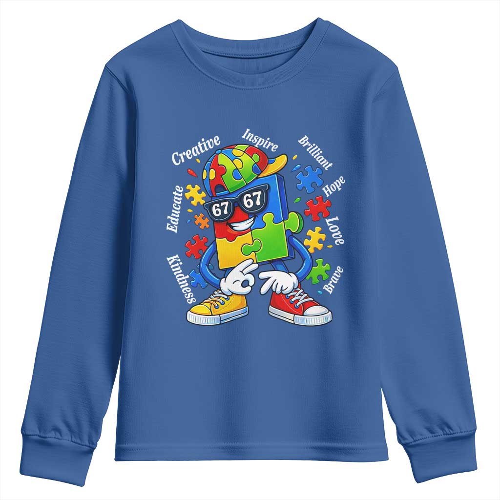 Funny 67 Autism Awareness Youth Sweatshirt Six Seven Puzzle Meme Creative Brilliant Hope Love Kindness TS11 Royal Blue Print Your Wear