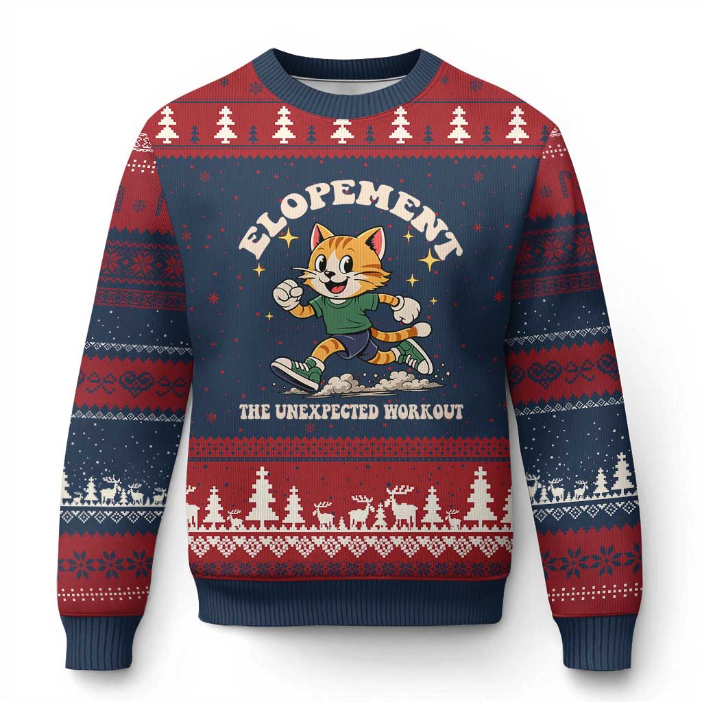 Elopement The Unexpected Workout Ugly Christmas Sweater Autism Neurodiversity Cat TS11 Navy Red Print Your Wear