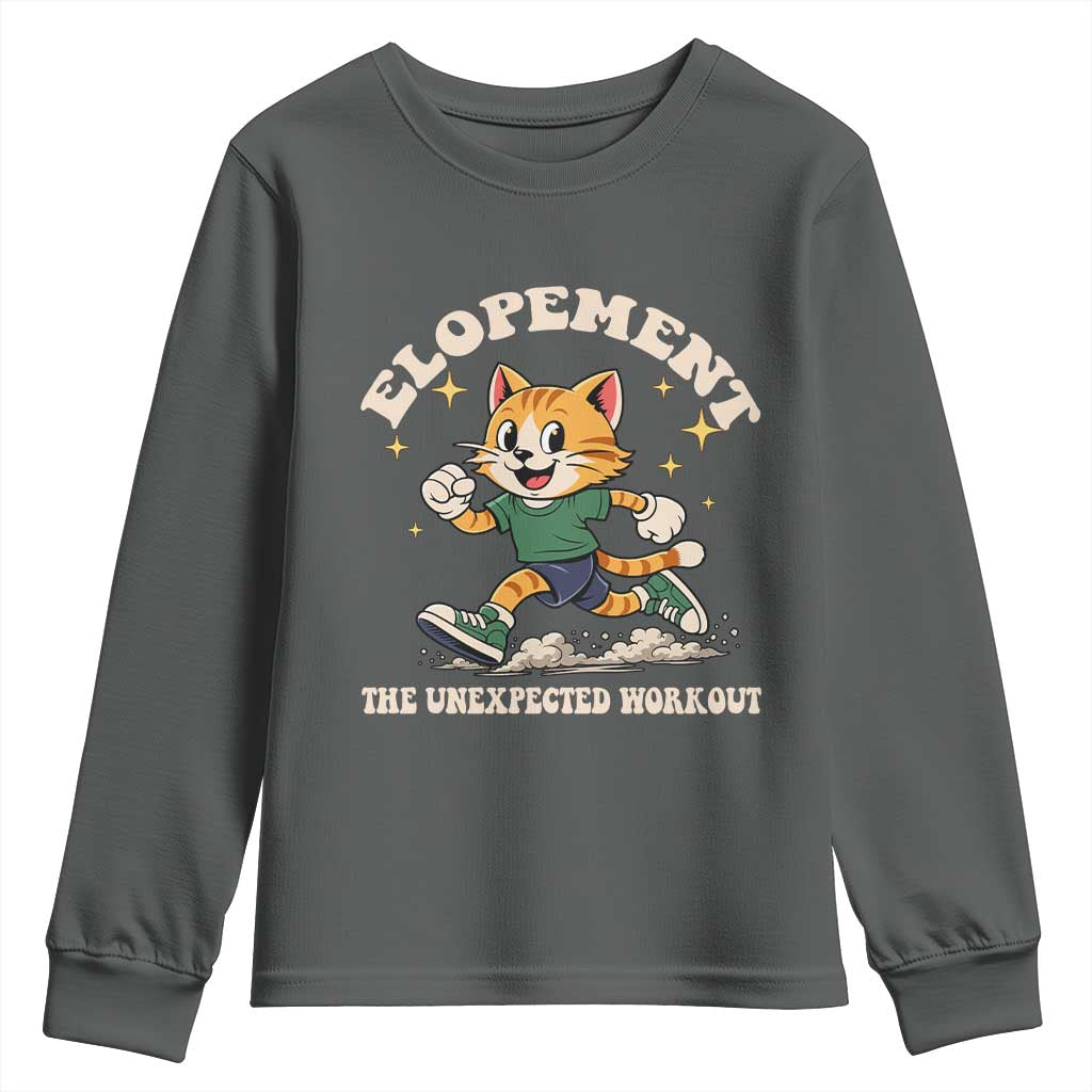 Elopement The Unexpected Workout Youth Sweatshirt Autism Neurodiversity Cat TS11 Dark Heather Print Your Wear