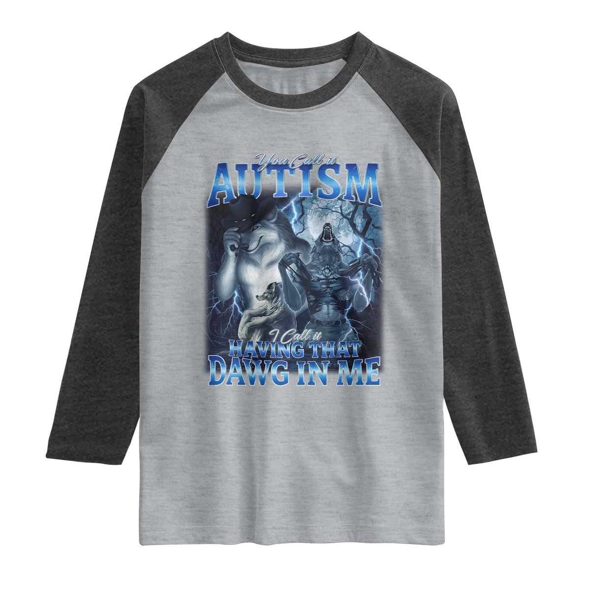 You Call It Autism I Call It Having That Dawg In Me Raglan Shirt Funny Cringe Alpha Wolf TS11 Heather Gray Heather Charcoal Print Your Wear