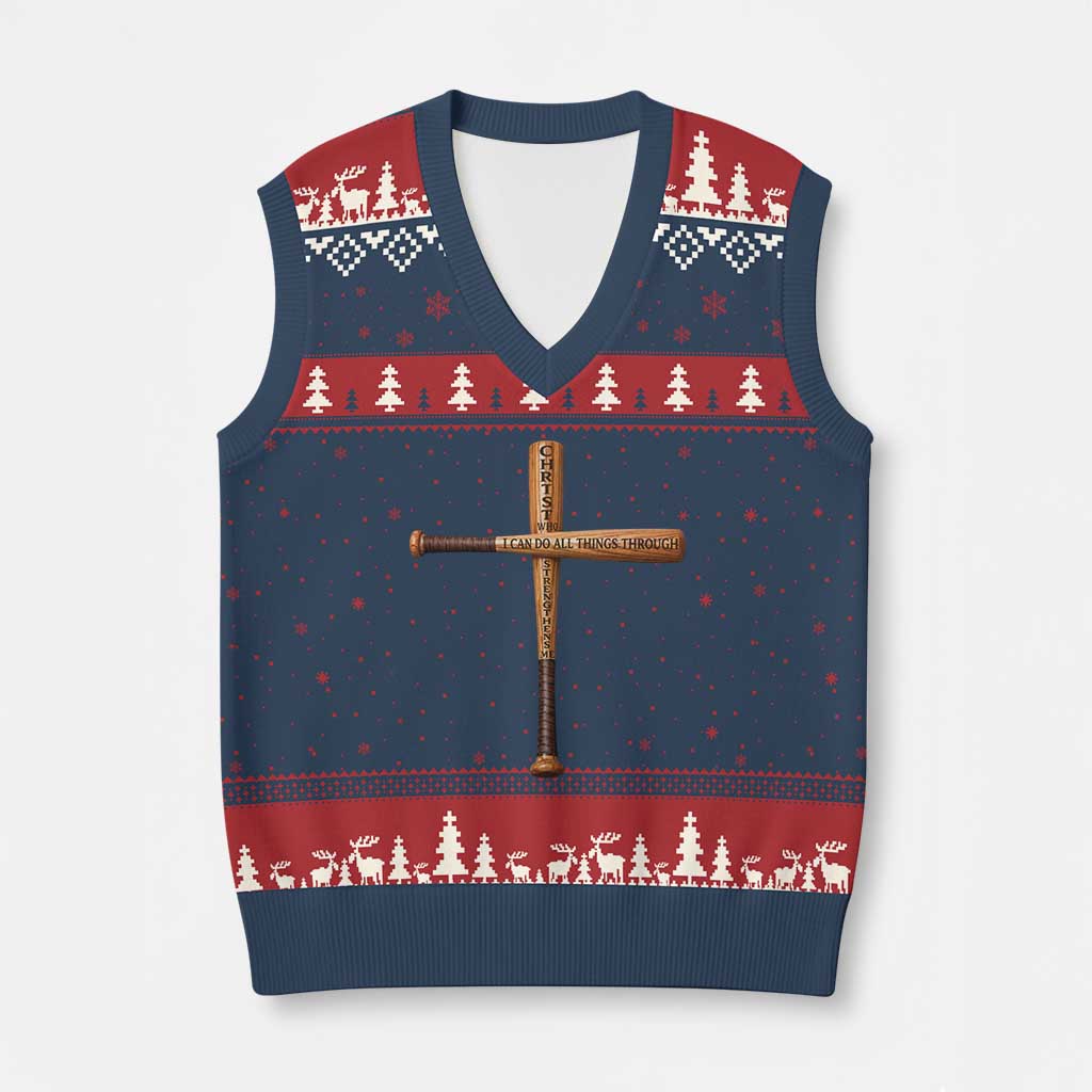 Christian Baseball V-Neck Knit Sweater Vest I Can Do All Things Through Christ Who Strengthens Me TS11 Navy Red Print Your Wear