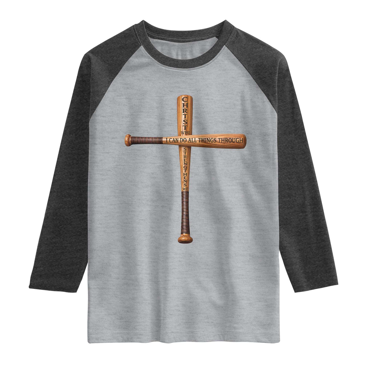 Christian Baseball Raglan Shirt I Can Do All Things Through Christ Who Strengthens Me TS11 Heather Gray Heather Charcoal Print Your Wear