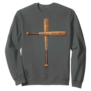 Christian Baseball Sweatshirt I Can Do All Things Through Christ Who Strengthens Me TS11 Dark Heather Print Your Wear