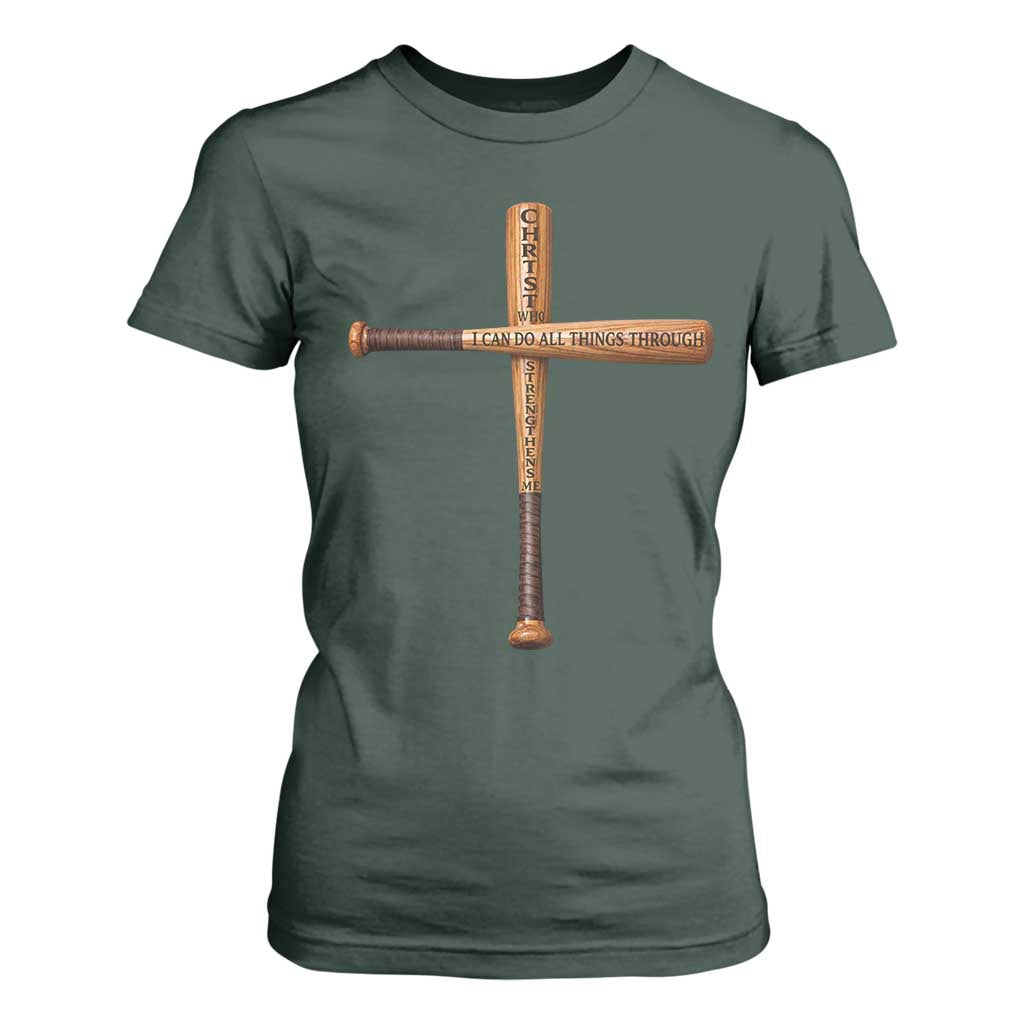 Christian Baseball T Shirt For Women I Can Do All Things Through Christ Who Strengthens Me TS11 Dark Forest Green Print Your Wear