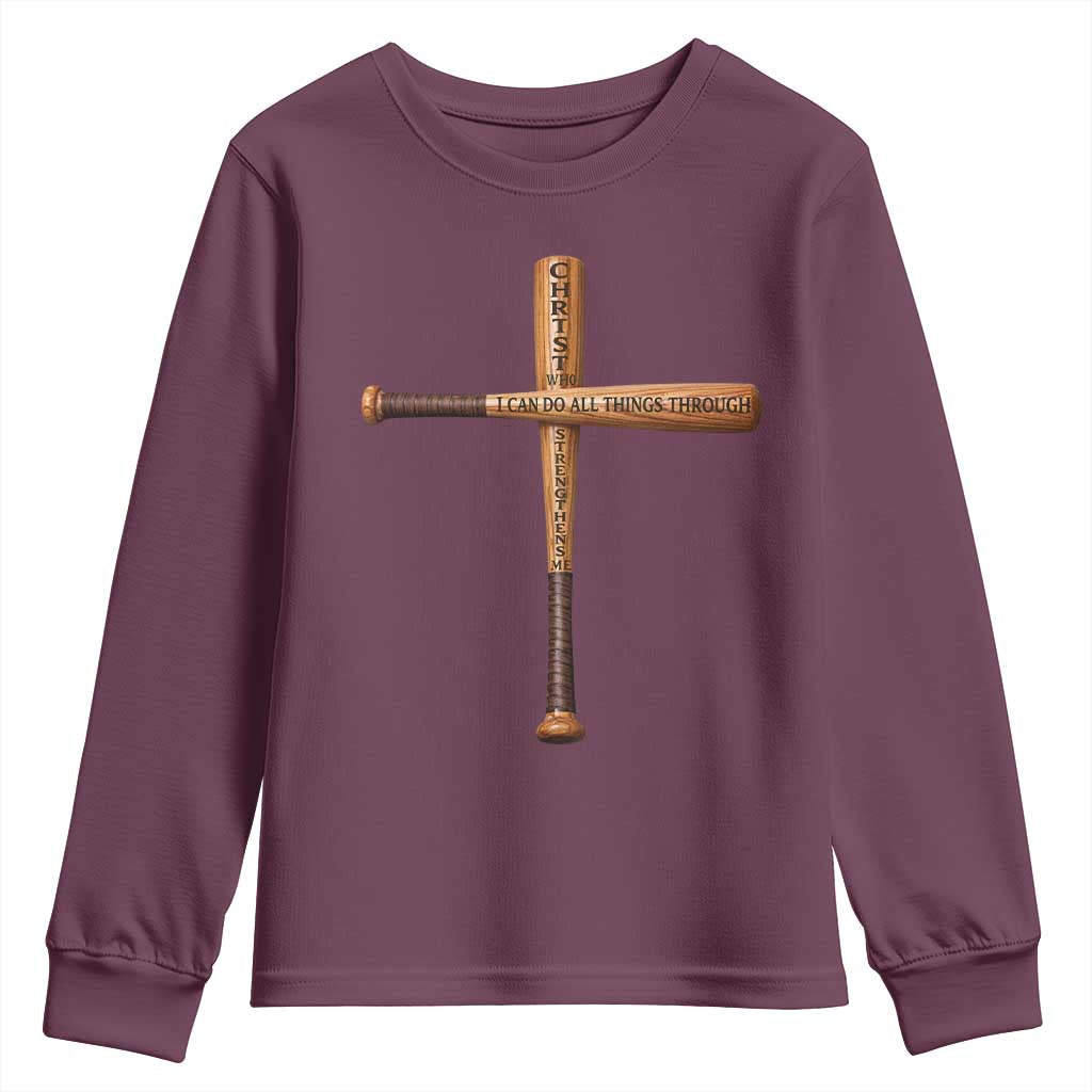 Christian Baseball Youth Sweatshirt I Can Do All Things Through Christ Who Strengthens Me TS11 Maroon Print Your Wear