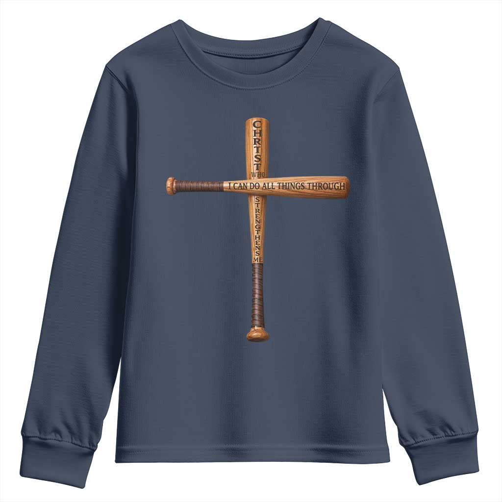 Christian Baseball Youth Sweatshirt I Can Do All Things Through Christ Who Strengthens Me TS11 Navy Print Your Wear