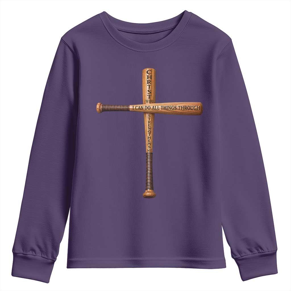 Christian Baseball Youth Sweatshirt I Can Do All Things Through Christ Who Strengthens Me TS11 Purple Print Your Wear