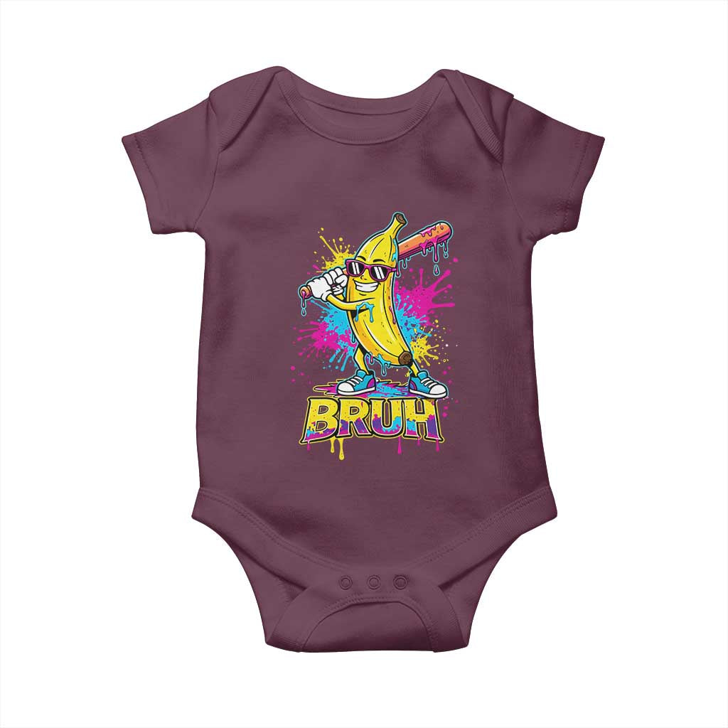 Funny Bruh Banana Baseball Drip Ice Cream Sports Splatter Baby Onesie TS11 Maroon Print Your Wear