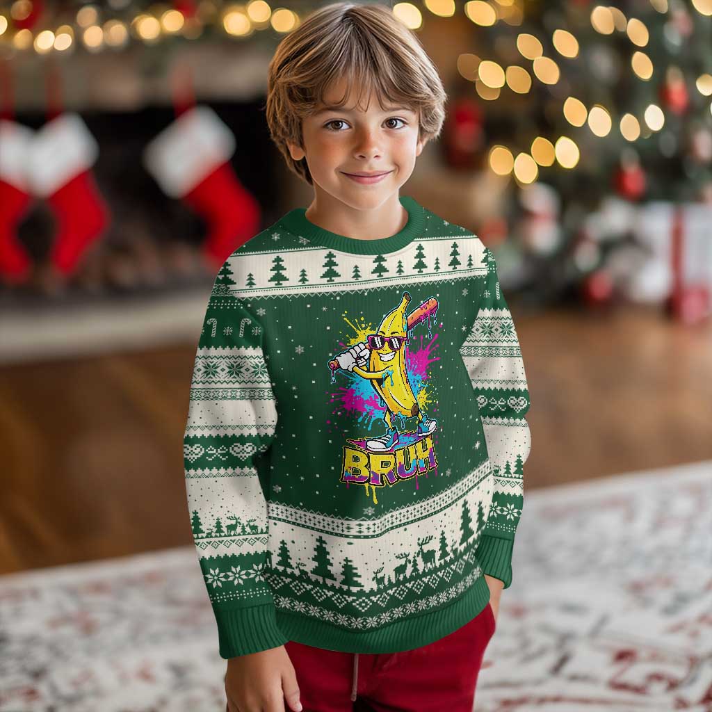 Funny Bruh Banana Baseball Drip Ice Cream Sports Splatter Ugly Christmas Sweater TS11 Forest Green Beige Print Your Wear