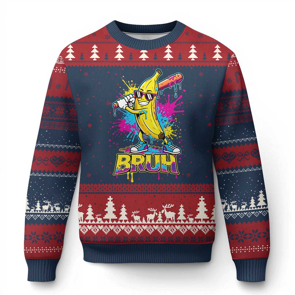 Funny Bruh Banana Baseball Drip Ice Cream Sports Splatter Ugly Christmas Sweater TS11 Navy Red Print Your Wear
