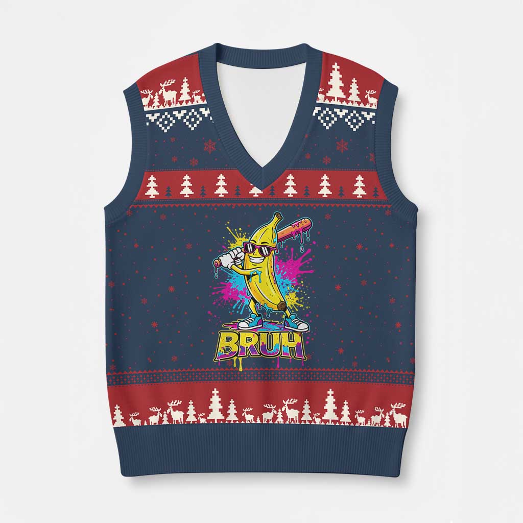 Funny Bruh Banana Baseball Drip Ice Cream Sports Splatter V-Neck Knit Sweater Vest TS11 Navy Red Print Your Wear