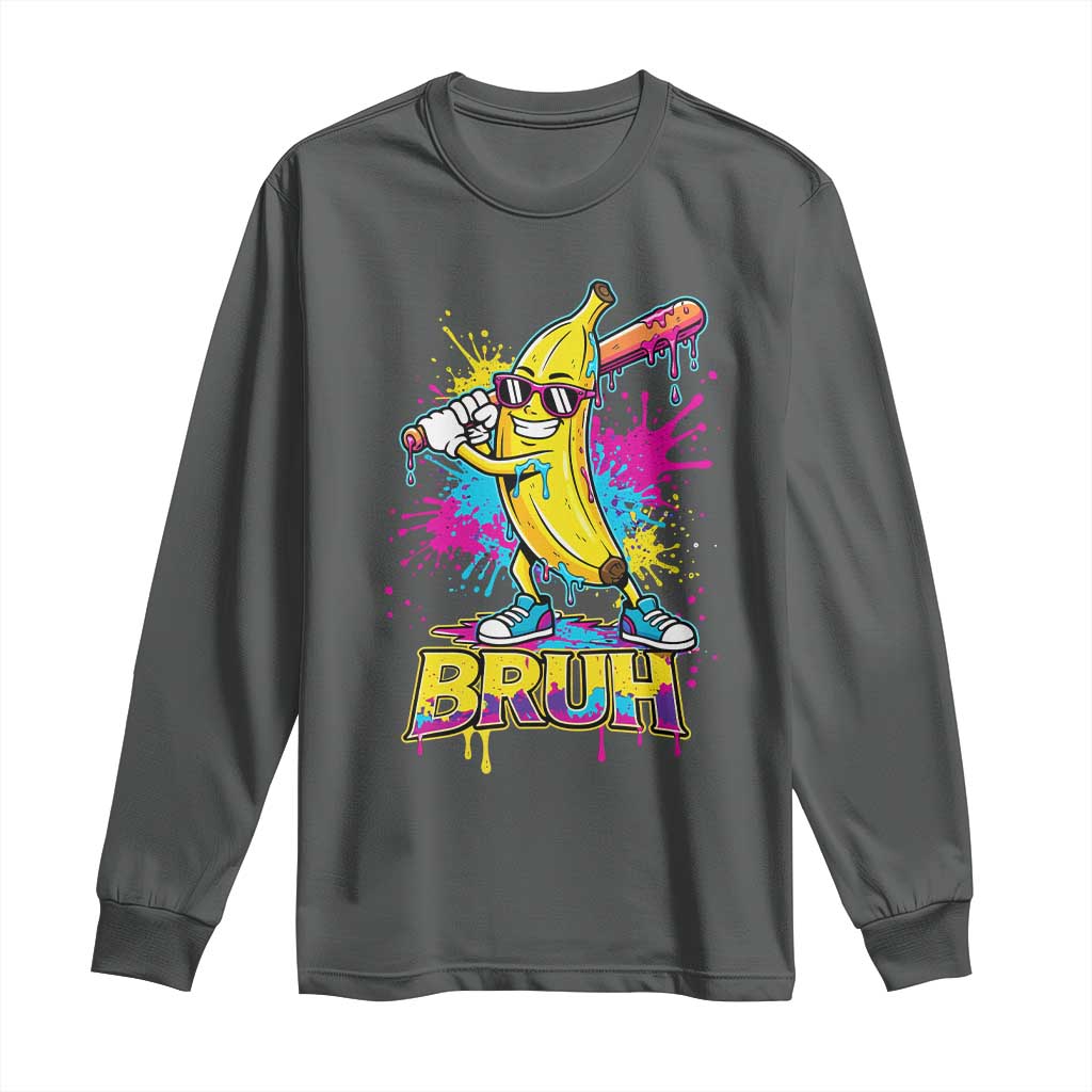 Funny Bruh Banana Baseball Drip Ice Cream Sports Splatter Long Sleeve Shirt TS11 Dark Heather Print Your Wear