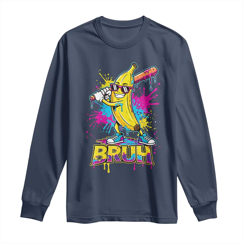 Funny Bruh Banana Baseball Drip Ice Cream Sports Splatter Long Sleeve Shirt TS11 Navy Print Your Wear