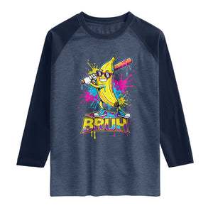 Funny Bruh Banana Baseball Drip Ice Cream Sports Splatter Raglan Shirt TS11 Heather Denim Navy Print Your Wear
