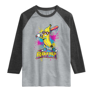 Funny Bruh Banana Baseball Drip Ice Cream Sports Splatter Raglan Shirt TS11 Heather Gray Heather Charcoal Print Your Wear