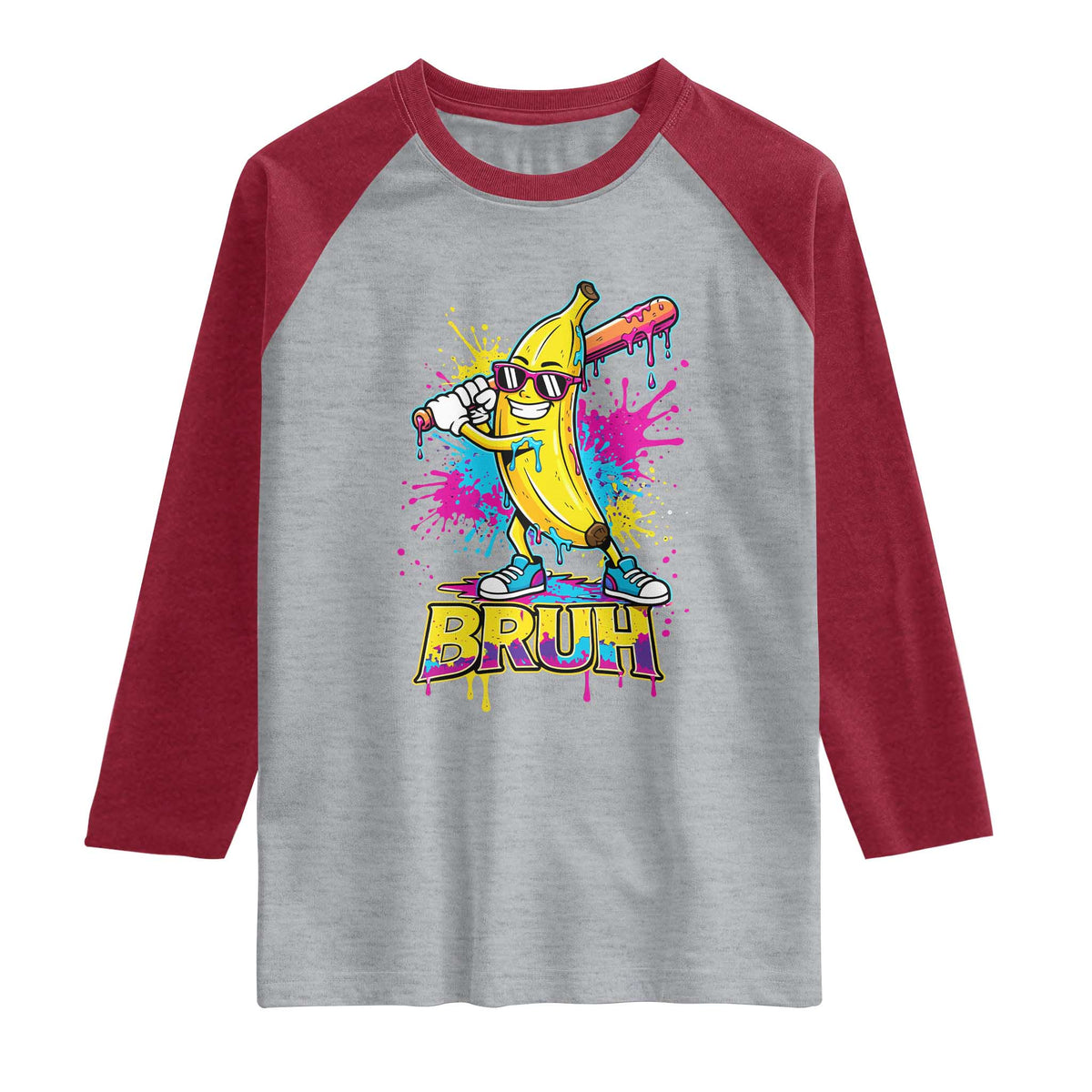 Funny Bruh Banana Baseball Drip Ice Cream Sports Splatter Raglan Shirt TS11 Heather Gray Heather Red Print Your Wear