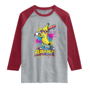 Funny Bruh Banana Baseball Drip Ice Cream Sports Splatter Raglan Shirt TS11 Heather Gray Heather Red Print Your Wear