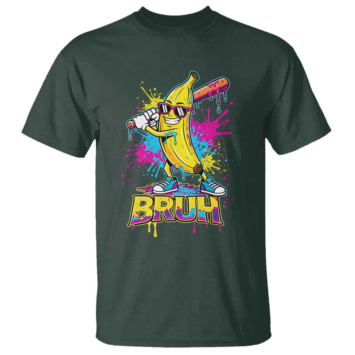 Funny Bruh Banana Baseball Drip Ice Cream Sports Splatter T Shirt TS11 Dark Forest Green Print Your Wear