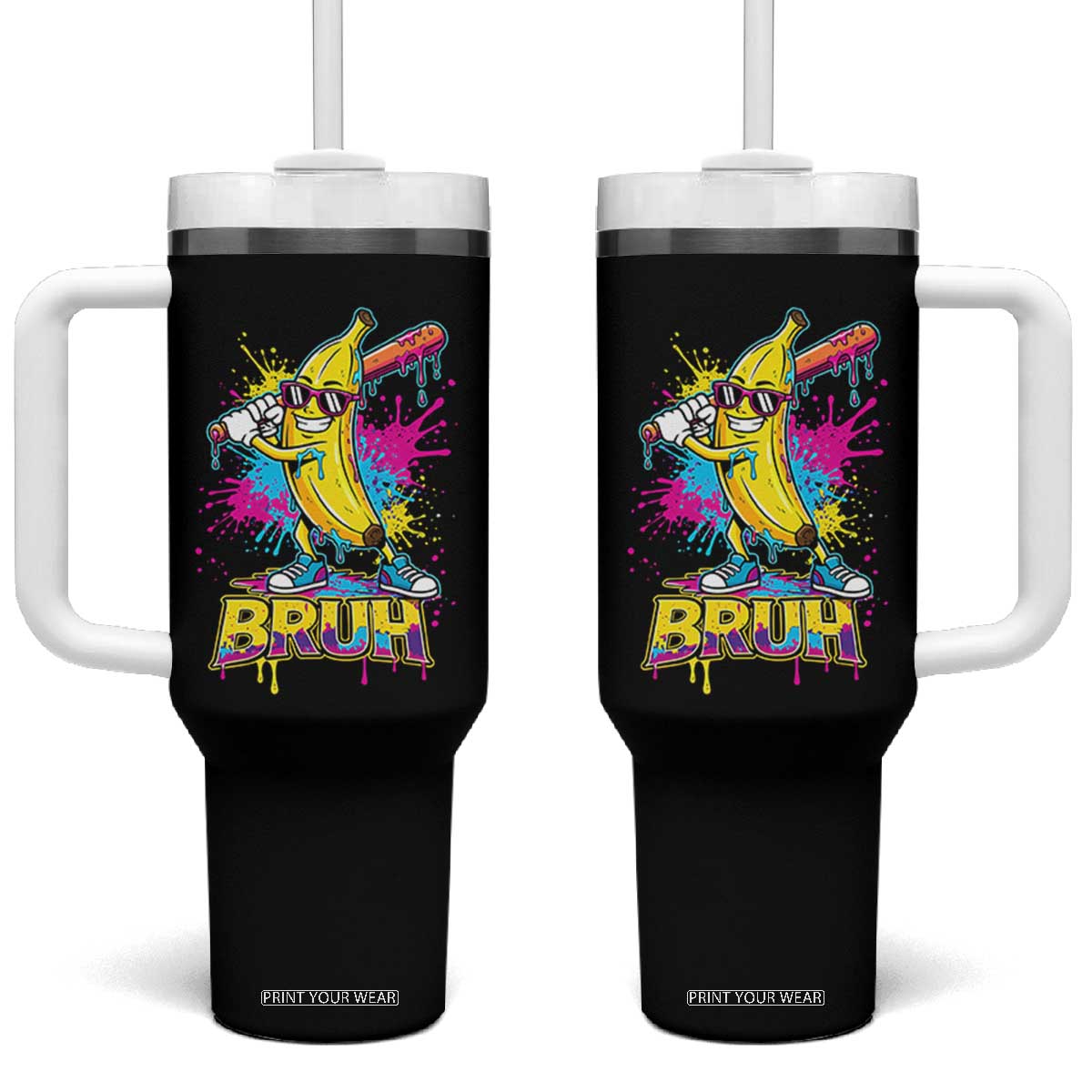 Funny Bruh Banana Baseball Drip Ice Cream Sports Splatter Tumbler With Handle TS11 One Size: 40 oz Black Print Your Wear