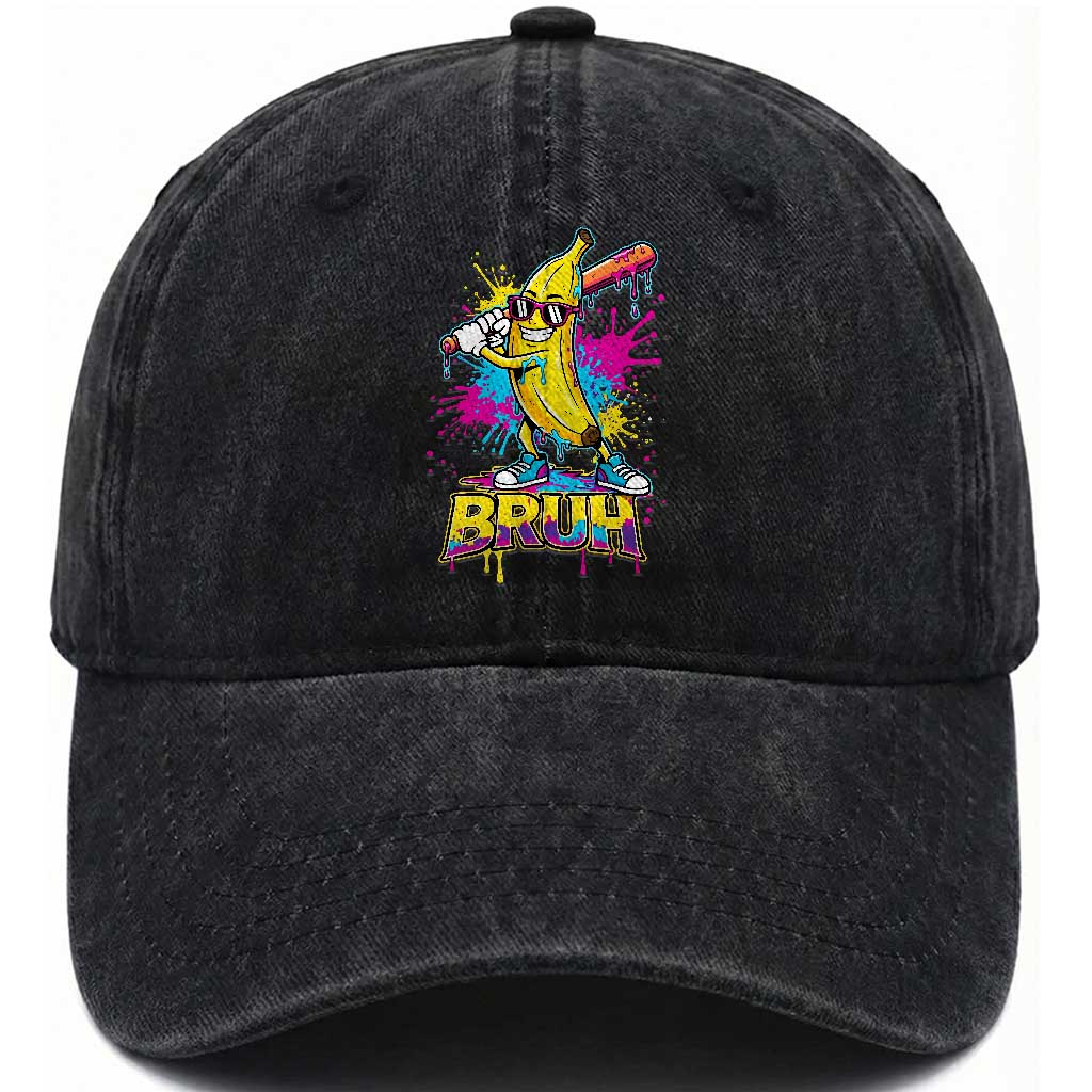 Funny Bruh Banana Baseball Drip Ice Cream Sports Splatter Washed Cotton Baseball Cap