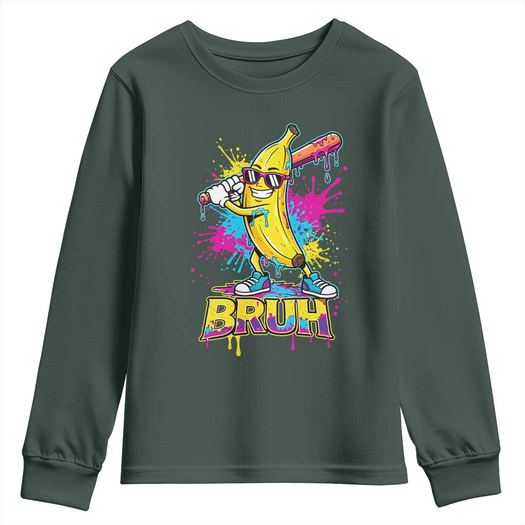 Funny Bruh Banana Baseball Drip Ice Cream Sports Splatter Youth Sweatshirt TS11 Dark Forest Green Print Your Wear