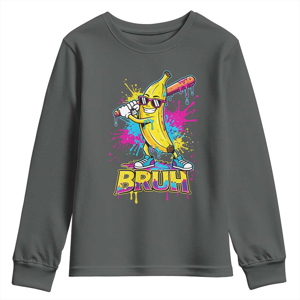 Funny Bruh Banana Baseball Drip Ice Cream Sports Splatter Youth Sweatshirt TS11 Dark Heather Print Your Wear