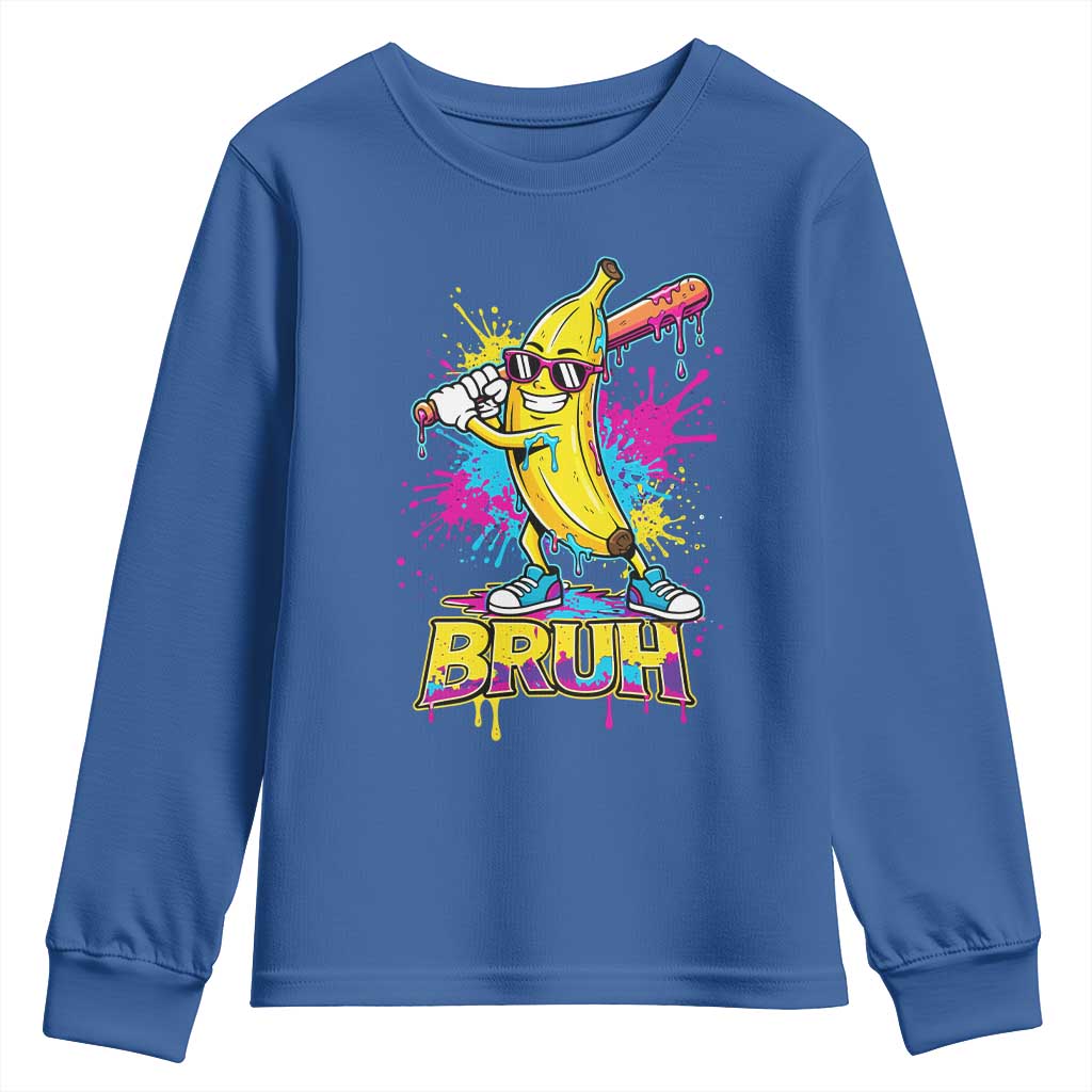 Funny Bruh Banana Baseball Drip Ice Cream Sports Splatter Youth Sweatshirt TS11 Royal Blue Print Your Wear
