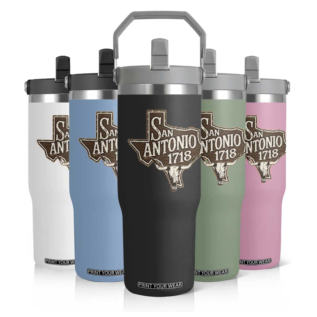Vintage San Antonio Texas Est 1718 Longhorn Cow Skull Flip Straw Tumbler TS11 Print Your Wear