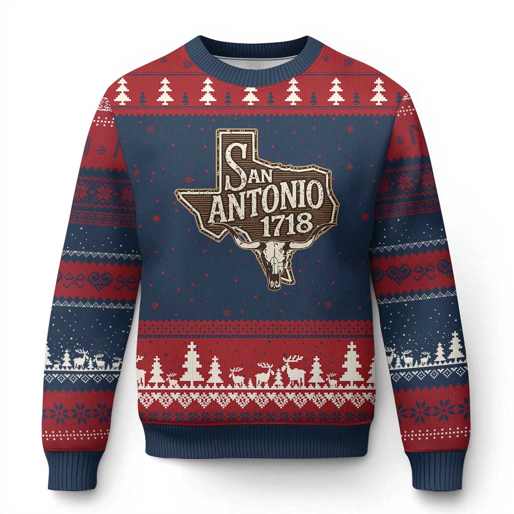 Vintage San Antonio Texas Est 1718 Longhorn Cow Skull Ugly Christmas Sweater TS11 Navy Red Print Your Wear