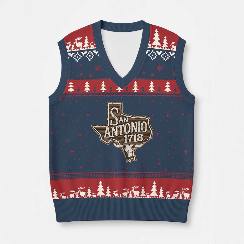 Vintage San Antonio Texas Est 1718 Longhorn Cow Skull V-Neck Knit Sweater Vest TS11 Navy Red Print Your Wear