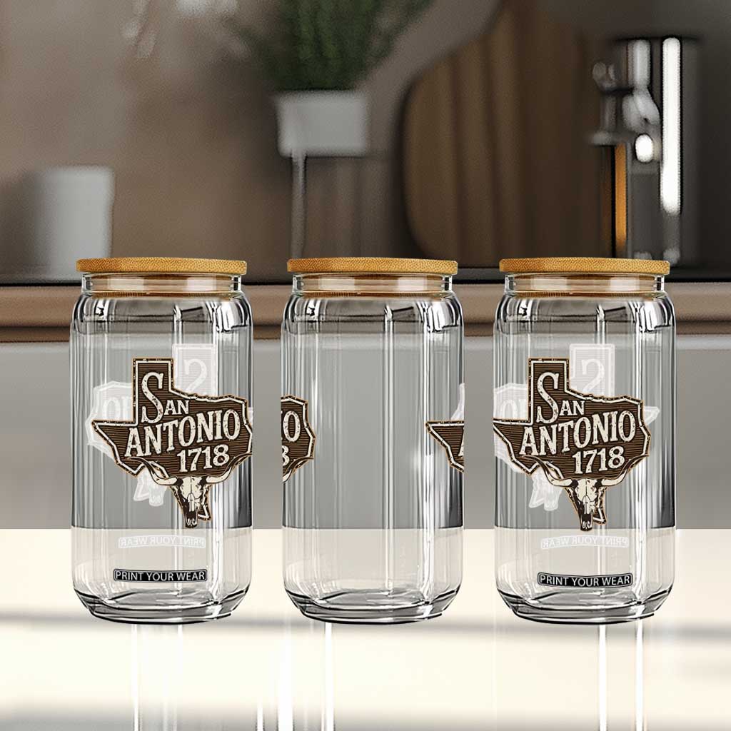 Vintage San Antonio Texas Est 1718 Longhorn Cow Skull Glass Can TS11 Print Your Wear