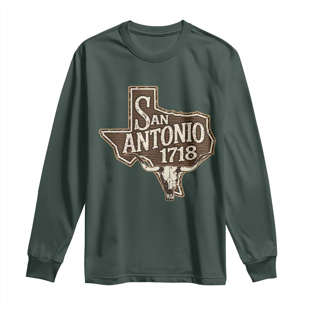 Vintage San Antonio Texas Est 1718 Longhorn Cow Skull Long Sleeve Shirt TS11 Dark Forest Green Print Your Wear