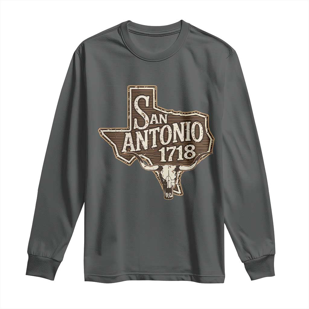 Vintage San Antonio Texas Est 1718 Longhorn Cow Skull Long Sleeve Shirt TS11 Dark Heather Print Your Wear