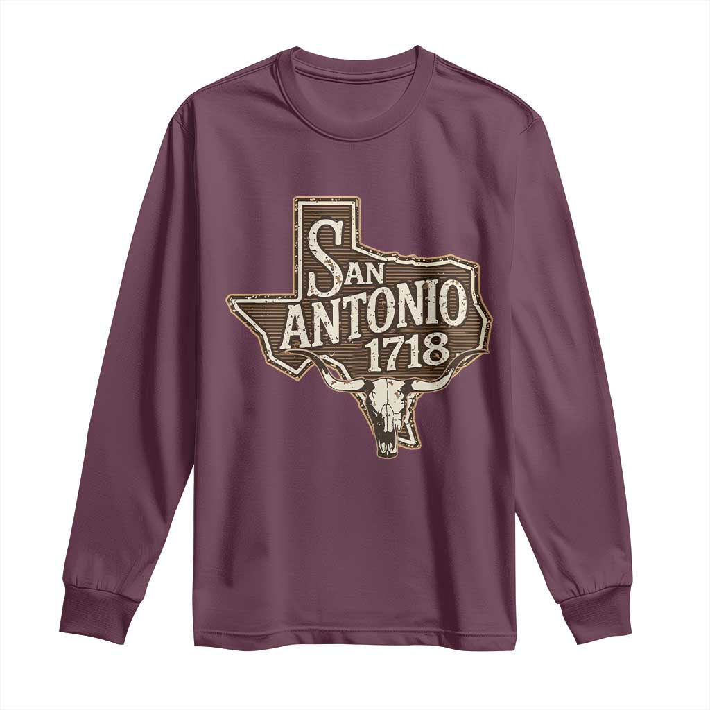 Vintage San Antonio Texas Est 1718 Longhorn Cow Skull Long Sleeve Shirt TS11 Maroon Print Your Wear