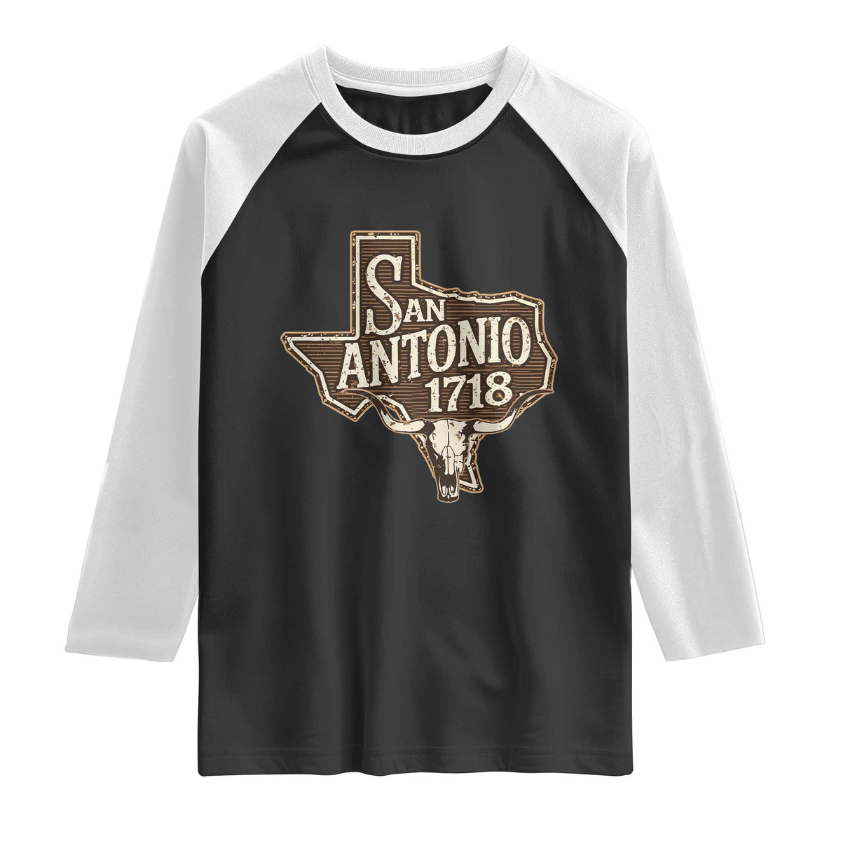 Vintage San Antonio Texas Est 1718 Longhorn Cow Skull Raglan Shirt TS11 Black White Print Your Wear