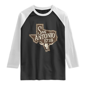 Vintage San Antonio Texas Est 1718 Longhorn Cow Skull Raglan Shirt TS11 Black White Print Your Wear