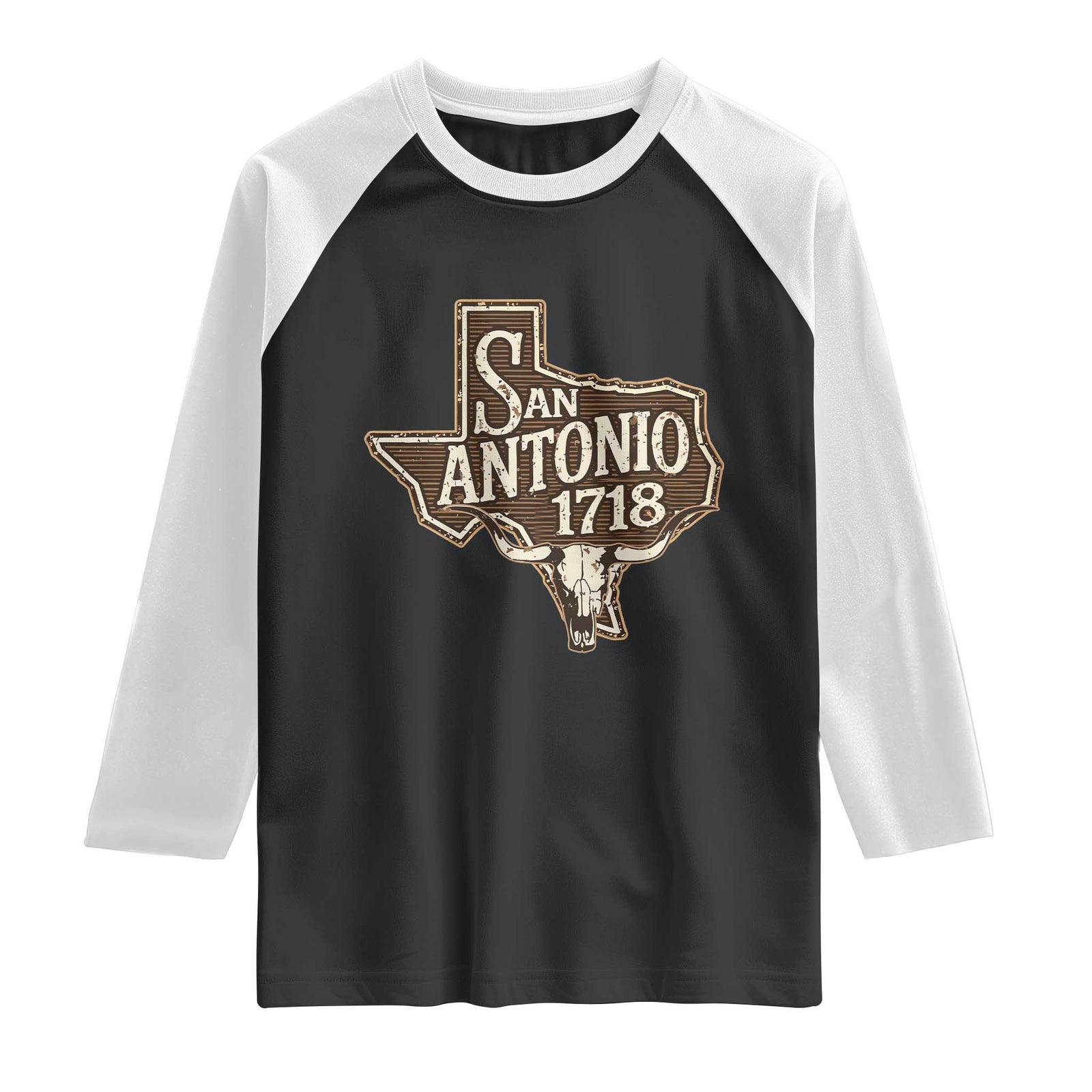 Vintage San Antonio Texas Est 1718 Longhorn Cow Skull Raglan Shirt TS11 Black White Print Your Wear